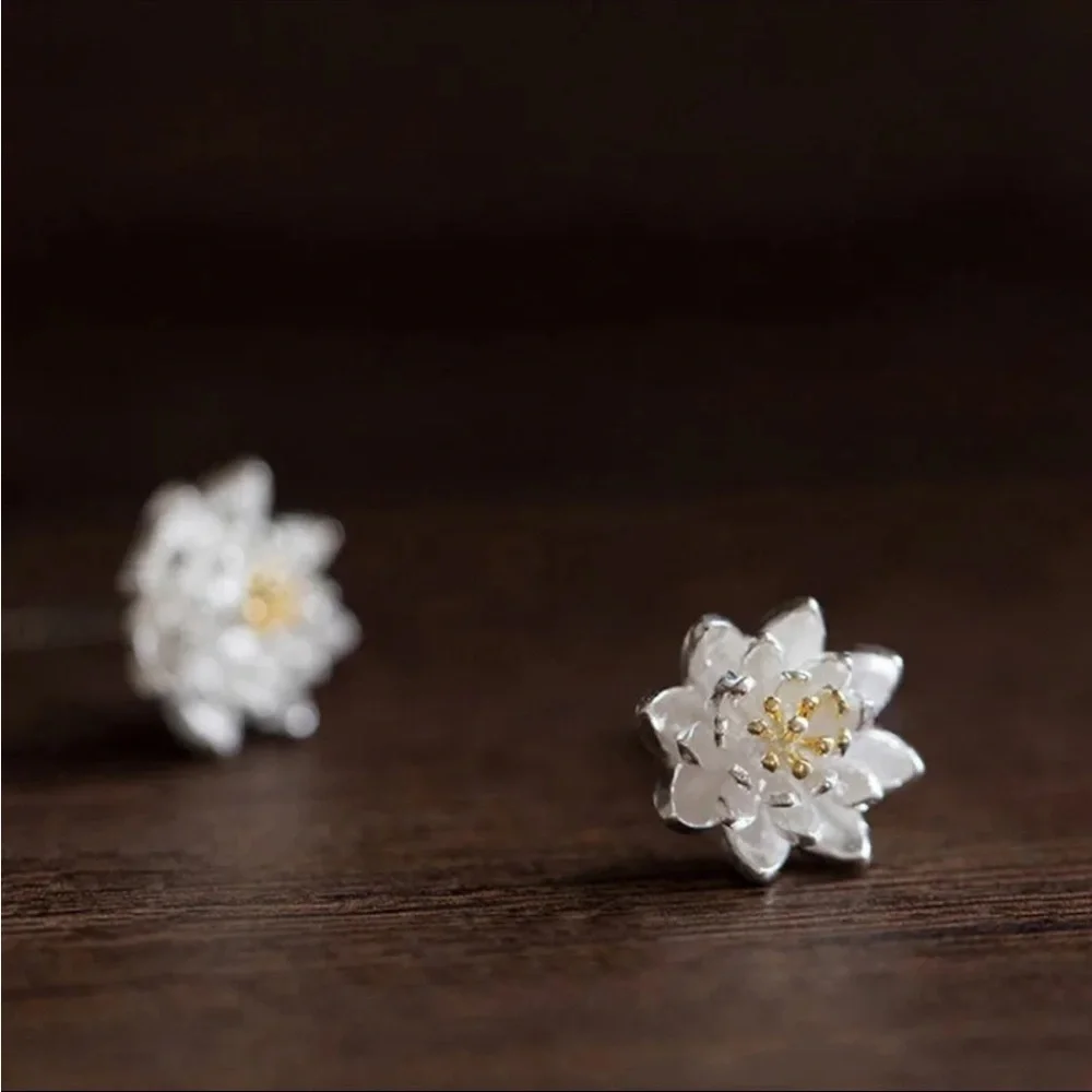 Minimalist Lotus Japanese Oriental Floral Plant 925 Sterling Silver Stud Earring - Picture 7 of 9